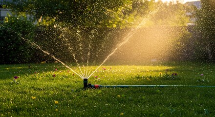 Golden Hour Sprinkler Watering Lush Green Lawn AI Generated