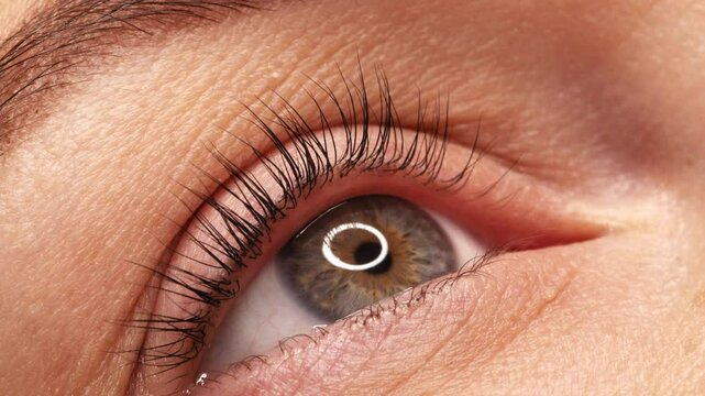 SLOW MOTION: A woman's eye with long black eyelashes after lamination. Closeup, girl's eye opening with long black eyelashes. Close-up of the human eye.