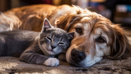 Cat and Dog Sleeping Together, Peaceful Bond in Cozy Setting
