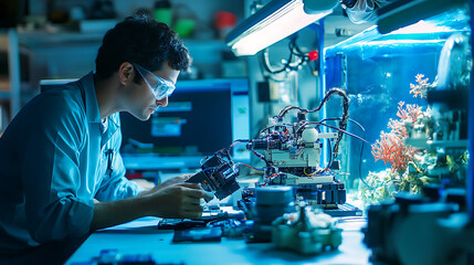 A marine biologist developing robotic systems for ocean exploration, high-tech lab with real-time underwater robot testing and oceanographic simulation, Scientific style