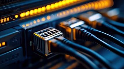 Server room network cables plugged in, glowing lights