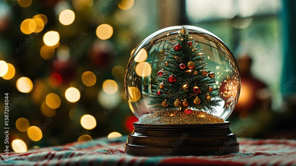 Poster festive christmas scene features a snow globe with a tiny decorated tree, set against blurred tree l