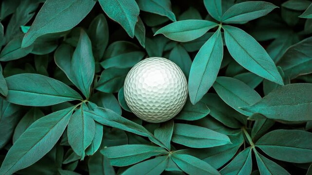 Golf ball nestled amongst vibrant green leaves, creating a natural and sporty composition, the focus is on precision and detail