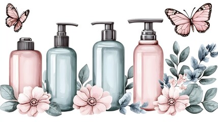 Cosmetic Bottles Surrounded by Pastel Flowers and Butterflies with a Fresh and Natural Aesthetic