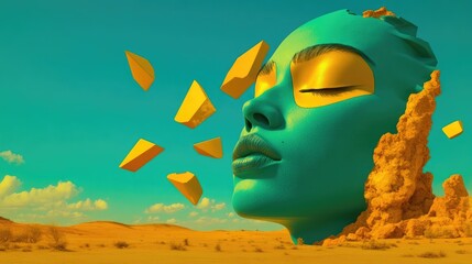 Surreal Landscape with Vibrant Green Head and Floating Gold Elements in Desert