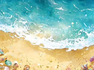 Obraz premium A whimsical watercolor cartoon of a sunny beach scene where children are joyfully building sandcastles, seagulls flying above, and gentle waves lapping at the shore,