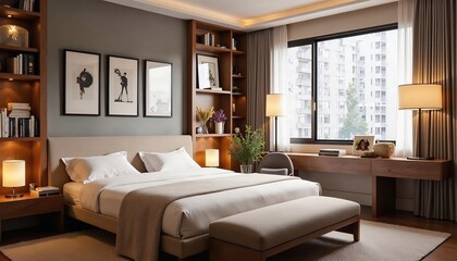 Elegant Bedroom Interior With Bookshelves Desk And City View