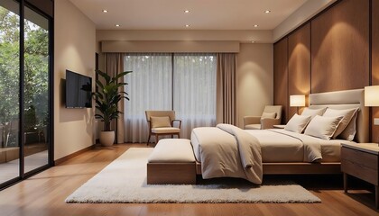 Serene Bedroom Interior With Neutral Palette And Wood Accents Offering Comfort And Relaxation