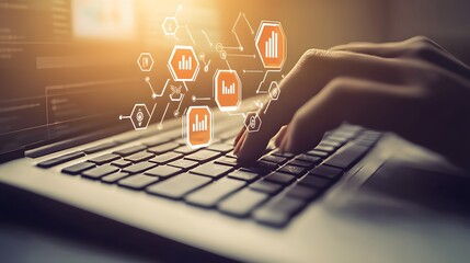 Close Up of Fingers Typing on Laptop Keyboard with Data Visualizations and Graphs in Soft Warm Light