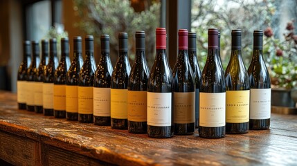 A row of wine bottles, softly lit, showcasing elegance and craftsmanship in a timeless display.