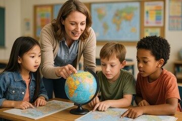 Classroom Activity With Teacher and Students Exploring a Globe in an Elementary School Setting