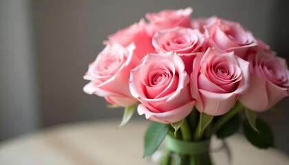 A beautiful bouquet of pink roses. The roses are in full bloom and are arranged in a way that they are overlapping each other. The petals of the roses are a soft pink color and have  dedelicacy.