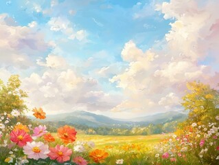 Fototapeta premium Serene Landscape Painting: Blooming Wildflowers and Whispering Sky Under Azure Clouds