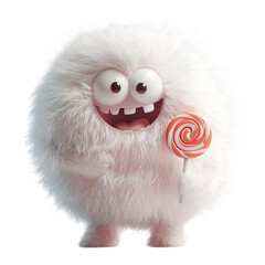 A Fluffy 3D Cartoon Character Holding a Glowing Lollipop Isolated on Transparent Background