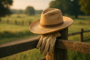 Vintage Straw Hat and Gloves Resting on a Rustic Wooden Fence During a Golden Sunrise
