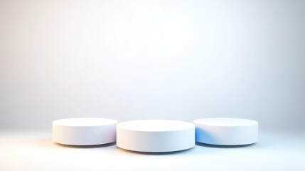 Three white cylindrical podiums are arranged in a row against a bright white background. The image features soft, even lighting. The style is minimalist and clean. Cool and warm white tones create
