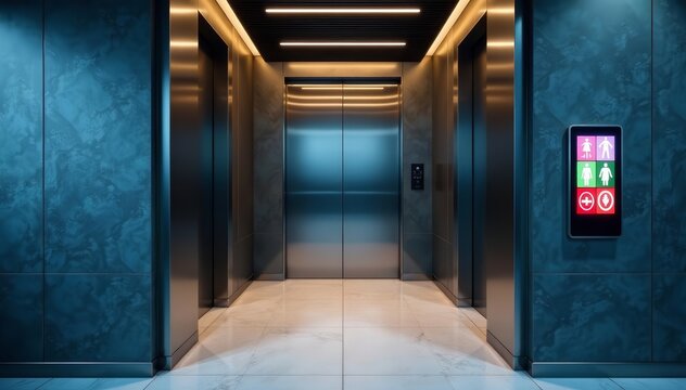 Close-up of elevator doors in modern office building with digital display panel, architecture, modern, elevators - Powered by Adobe