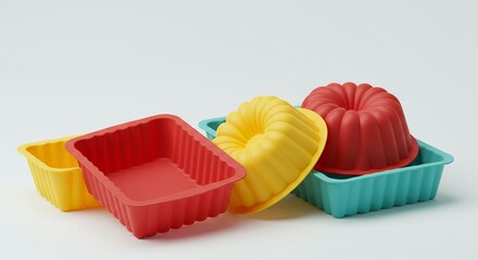 Colorful Silicone Baking Molds on White Background for Cooking and Dessert