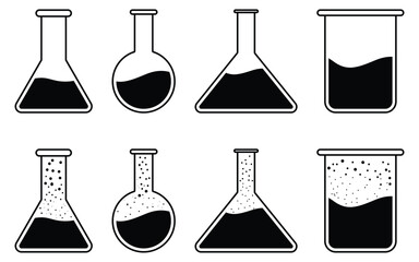 Chemical flask or erlenmeyer flask vector set, laboratory chemical glassware equipment, flat design illustration.