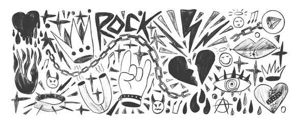 Rock and roll girly crayon drawn set. Punk charcoal breaking heart doodle background. Scribble grunge poster elements. Heart, crown and sketch graffiti art. Vector by pencil isolated illustration.