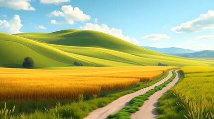 Obraz premium A serene countryside landscape with rolling green hills, a dirt path, and golden wheat fields under a bright blue sky.