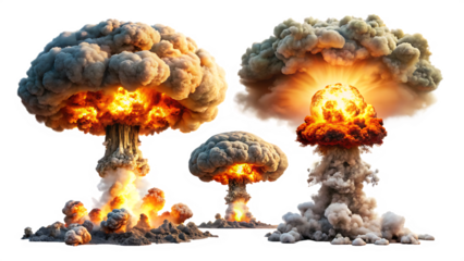 set of nuclear explosions and mushroom cloud isolated on white background PNG.GENERATIVE AI