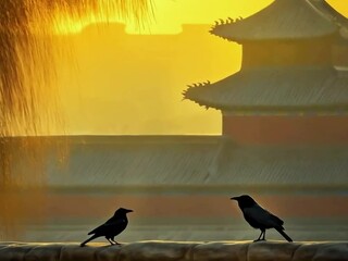 Two black birds on stone ledge, facing opposite, mirroring. Silhouetted Asian multi-tiered roof, historic Chinese style. Warm golden sunrise light, peaceful mood, soft tones, mystical ambiance. Crows. - Powered by Adobe