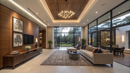Luxury living room interior design with modern sofa and large windows home decor and wood accents style ideas