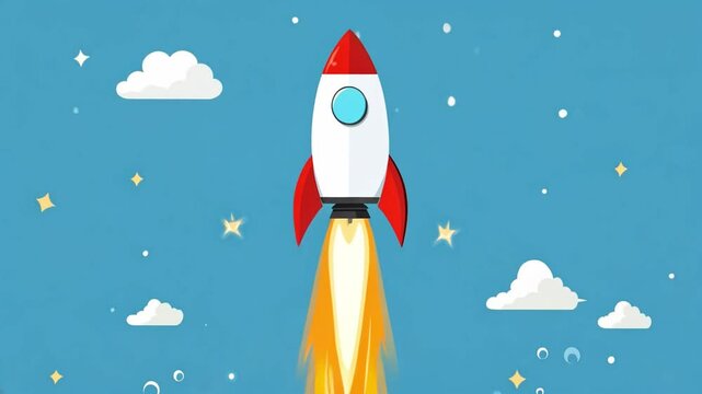 Flat design animation of rocket launching into blue sky