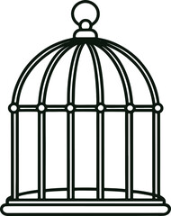 Golden birdcage in an empty cage with open door, vintage metal design, symbolizing captivity and freedom, isolated and trapped