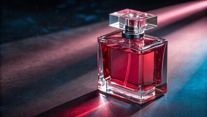 A captivating ruby-red perfume, alluring and mysterious, rests on a sleek surface bathed in dramatic red and blue light, promising an unforgettable fragrance experience.
