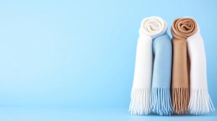 Rolled warm scarves in pastel colors