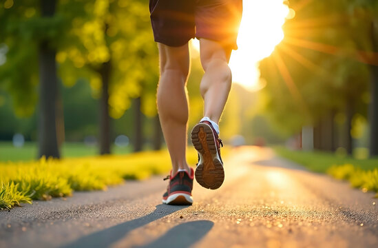 Close-up of a running man's legs in sneakers in a park early in the morning, active lifestyle, photo for a blog about the health benefits of sports, advertising a brand of sports shoes