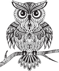 Obraz premium Intricate Owl Perched on a Branch: A detailed illustration of an owl, adorned with intricate patterns, perches majestically on a tree branch, its gaze both wise and captivating.