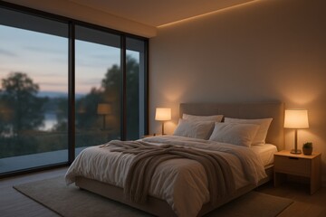 Cozy Bedroom With Large Windows Showing Sunset View and Soft Lighting in Modern Design