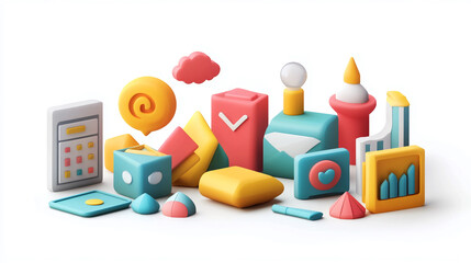 A collection of colorful 3D rendered icons representing various digital and technological concepts.