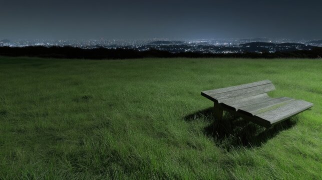 Empty wooden park bench on grassy hill at night overlooking city lights