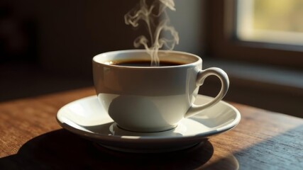 Steaming cup of hot coffee in white ceramic mug near window on wooden table.