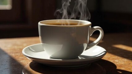 Steaming cup of hot coffee in white ceramic mug near window on wooden table.