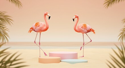Fototapeta premium Pink Flamingos on a Tropical Beach: A Digital Illustration AI Generated