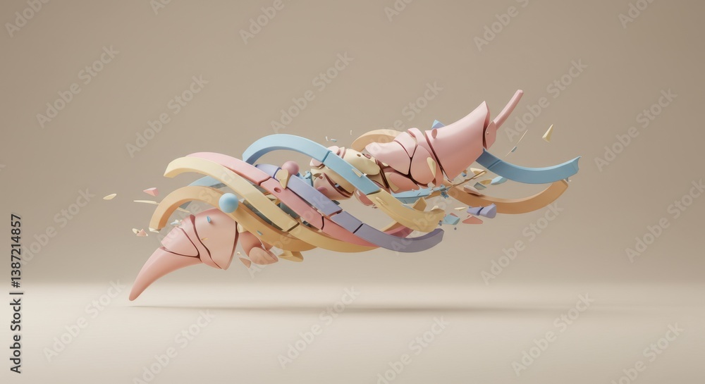 Poster abstract pastel swirl shattered fragments: a 3d render of exploding colorful shapes