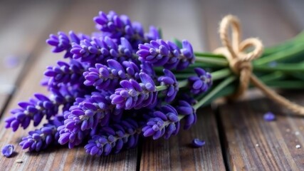 Fototapeta premium Close-up of fresh lavender bouquet tied with string on rustic surface.