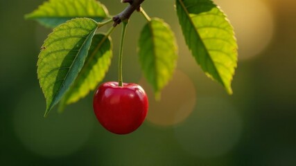Obraz premium Ripe red cherry hanging from branch with green leaves on soft blurred background.