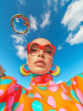 A stylish woman in polka dot fashion and oversized red glasses poses with a surreal reflective bubble floating above. Bold urban fashion with whimsical pop art vibes.