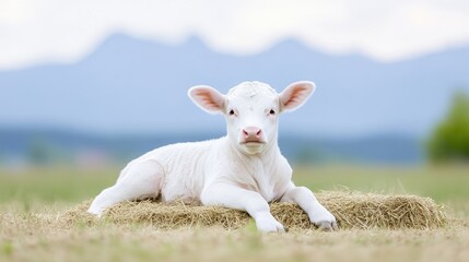 Obraz premium A white calf rests on hay, its soft fur and pink nose prominent. The calf is the focal point, with a blurred background of a field and distant mountains. The image is high-resolution and features sof