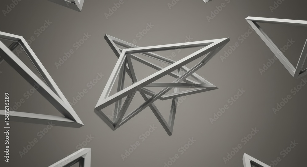 Poster abstract 3d rendering of interlocking grey triangular frames floating in space