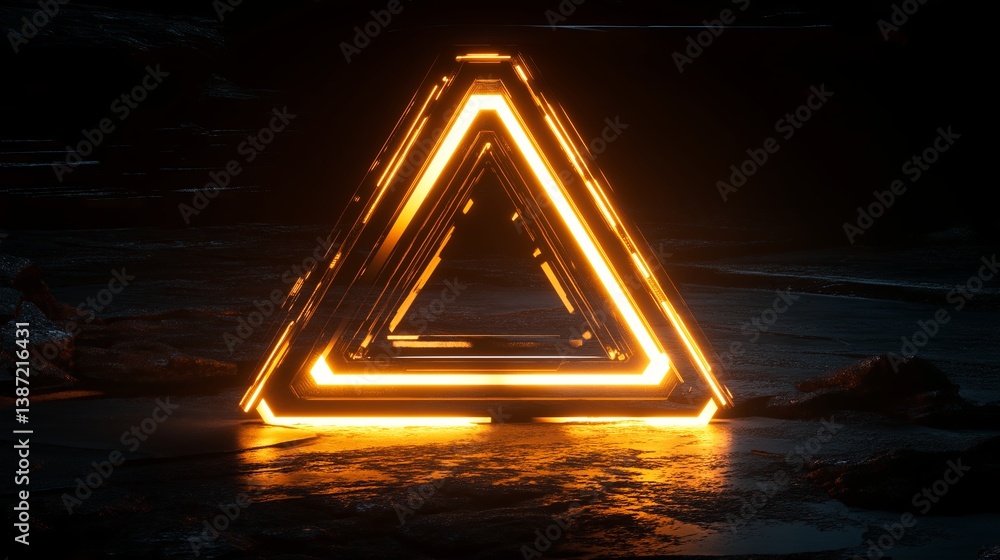 Poster a glowing neon triangle in a dark void, sleek and futuristic