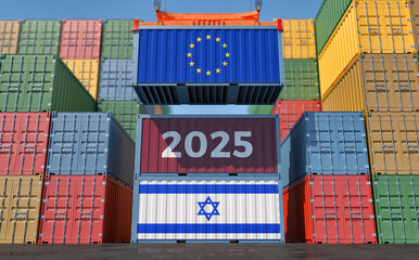 Trading 2025. Cargo Container with European Union and Israel flag. 3D Rendering