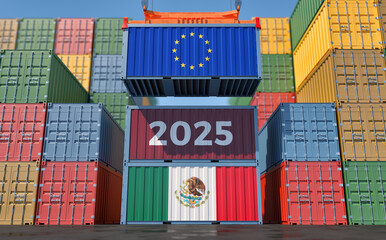 Trading 2025. Cargo Container with European Union and Mexico flag. 3D Rendering