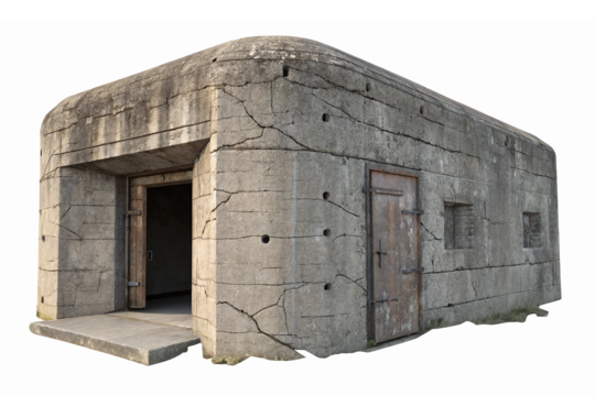 Historic Concrete Bunker Structure with Cracks and Weathered Door in Transparent Background
